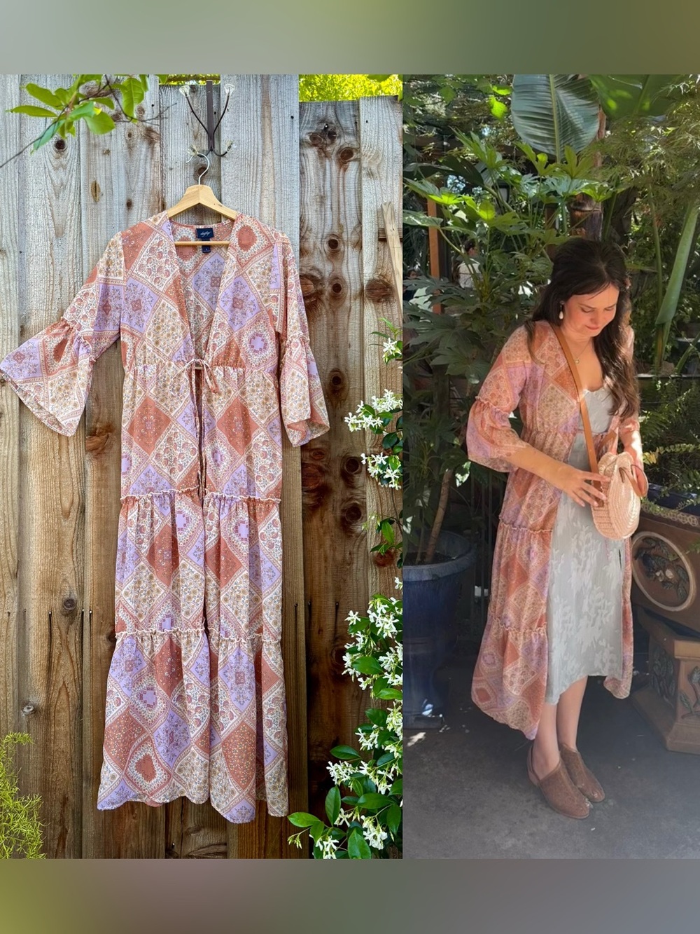 Pink Paisley Quilt Pattern Bell-Sleeve Duster Kimono 🌿